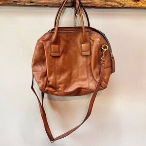 Fossil Brown Leather Crossbody Satchel Handbag‎ With Brass Key Logo